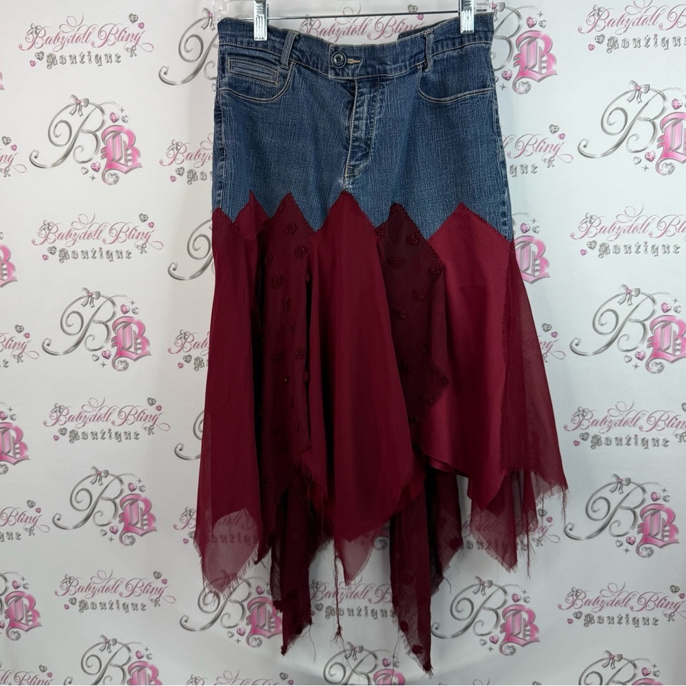 Once again fairy skirt Y2K red Asymmetrical Denim Waist Burgundy Tulle Skirt
